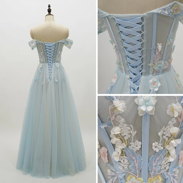 Chic / Beautiful Sky Blue Prom Dresses 2018 A-Line / Princess Lace Flower Appliques Pearl Off-The-Shoulder Backless Short Sleeve Floor-Length / Long Formal Dresses