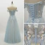 Chic / Beautiful Sky Blue Prom Dresses 2018 A-Line / Princess Lace Flower Appliques Pearl Off-The-Shoulder Backless Short Sleeve Floor-Length / Long Formal Dresses
