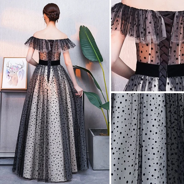 Modern / Fashion Black Prom Dresses 2018 A-Line / Princess Spotted Off-The-Shoulder Backless Short Sleeve Floor-Length / Long Formal Dresses