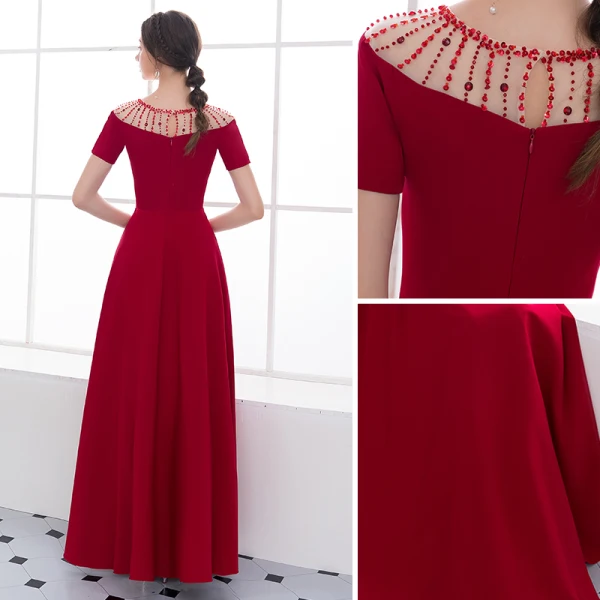 Chic / Belle Bordeaux Robe De Soirée 2018 Princesse Volants Cristal Encolure Dégagée Manches Courtes Longue Robe De Ceremonie
