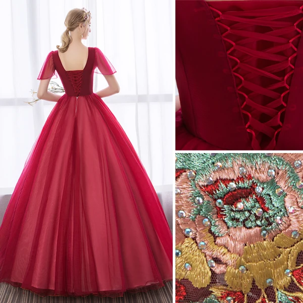 Affordable Burgundy Prom Dresses 2018 Ball Gown Lace Appliques Rhinestone V-Neck Backless Short Sleeve Floor-Length / Long Formal Dresses