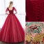 Affordable Burgundy Prom Dresses 2018 Ball Gown Lace Appliques Rhinestone V-Neck Backless Short Sleeve Floor-Length / Long Formal Dresses