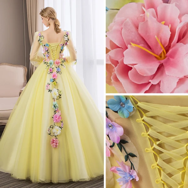 Affordable Flower Fairy Yellow Prom Dresses 2018 Ball Gown Appliques V-Neck Backless 3/4 Sleeve Floor-Length / Long Formal Dresses