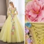 Affordable Flower Fairy Yellow Prom Dresses 2018 Ball Gown Appliques V-Neck Backless 3/4 Sleeve Floor-Length / Long Formal Dresses
