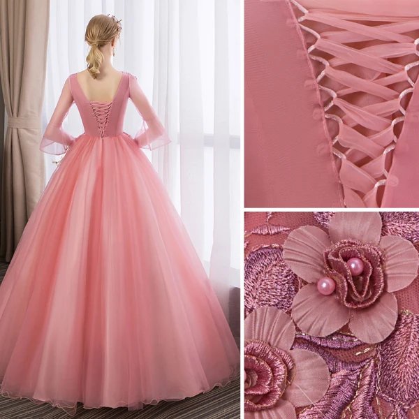 Abordable Rose Bonbon Robe De Bal 2018 Robe Boule En Dentelle Fleur Appliques Perle Faux Diamant V-Cou Dos Nu 3/4 Manches Longue Robe De Ceremonie