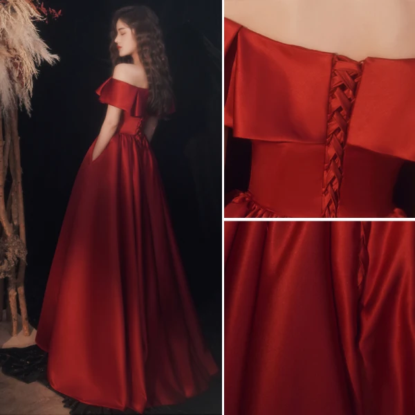 Chic / Belle Bordeaux Satin Robe De Bal 2021 Princesse De l'épaule Manches Courtes Dos Nu Longue Robe De Ceremonie