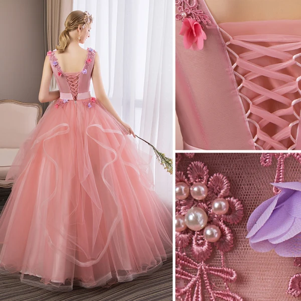 Abordable Rose Bonbon Robe De Bal 2018 Robe Boule En Dentelle Fleur Appliques Perle Faux Diamant Volants en Cascade V-Cou Dos Nu Sans Manches Longue Robe De Ceremonie