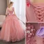 Abordable Rose Bonbon Robe De Bal 2018 Robe Boule En Dentelle Fleur Appliques Perle Faux Diamant Volants en Cascade V-Cou Dos Nu Sans Manches Longue Robe De Ceremonie