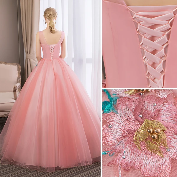 Abordable Rose Bonbon Robe De Bal 2018 Robe Boule En Dentelle Fleur Faux Diamant Encolure Dégagée Sans Manches Dos Nu Longue Robe De Ceremonie