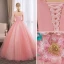 Abordable Rose Bonbon Robe De Bal 2018 Robe Boule En Dentelle Fleur Faux Diamant Encolure Dégagée Sans Manches Dos Nu Longue Robe De Ceremonie