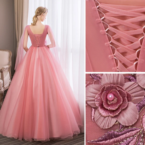 Abordable Rose Bonbon Robe De Bal 2018 Robe Boule En Dentelle Fleur Appliques Perle Faux Diamant V-Cou Dos Nu Manches Longues Longue Robe De Ceremonie