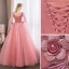 Abordable Rose Bonbon Robe De Bal 2018 Robe Boule En Dentelle Fleur Appliques Perle Faux Diamant V-Cou Dos Nu Manches Longues Longue Robe De Ceremonie