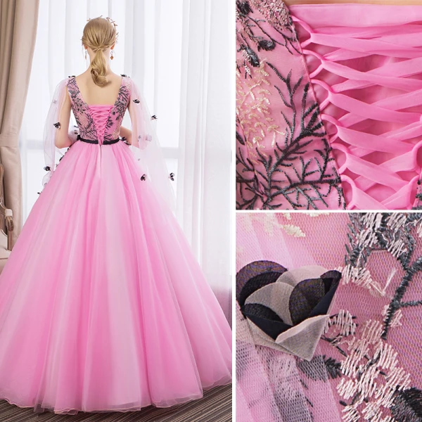 Abordable Rose Bonbon Robe De Bal 2018 Robe Boule En Dentelle Fleur Appliques Noeud V-Cou Dos Nu Manches Longues Longue Robe De Ceremonie