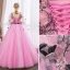 Abordable Rose Bonbon Robe De Bal 2018 Robe Boule En Dentelle Fleur Appliques Noeud V-Cou Dos Nu Manches Longues Longue Robe De Ceremonie
