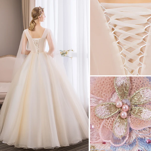 Abordable Champagne Robe De Bal 2018 Robe Boule En Dentelle Fleur Perle Faux Diamant V-Cou Dos Nu Sans Manches Longue Robe De Ceremonie