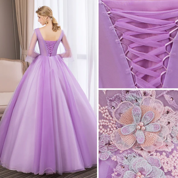 Affordable Lilac Prom Dresses 2018 Ball Gown Lace Flower Pearl Rhinestone V-Neck Backless 3/4 Sleeve Floor-Length / Long Formal Dresses
