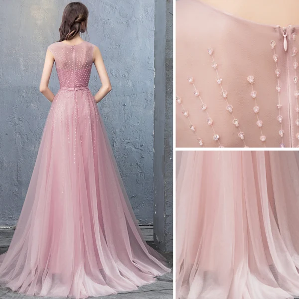 Simple Rose Bonbon Robe De Soirée 2018 Princesse Perlage Paillettes Encolure Dégagée Sans Manches Train De Balayage Robe De Ceremonie