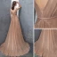 Modest / Simple Champagne Evening Dresses  2018 A-Line / Princess Tulle Flower V-Neck Backless Sleeveless Sweep Train Formal Dresses