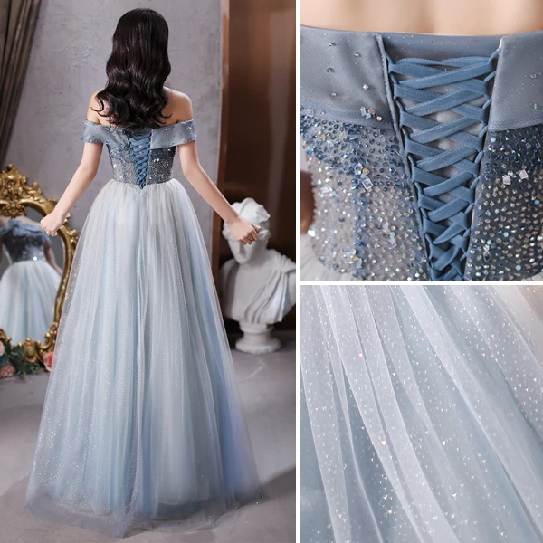 Fashion Sky Blue Prom Dresses 2021 A-Line / Princess Off-The-Shoulder Beading Sequins Sleeveless Backless Floor-Length / Long Formal Dresses
