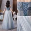 Fashion Sky Blue Prom Dresses 2021 A-Line / Princess Off-The-Shoulder Beading Sequins Sleeveless Backless Floor-Length / Long Formal Dresses