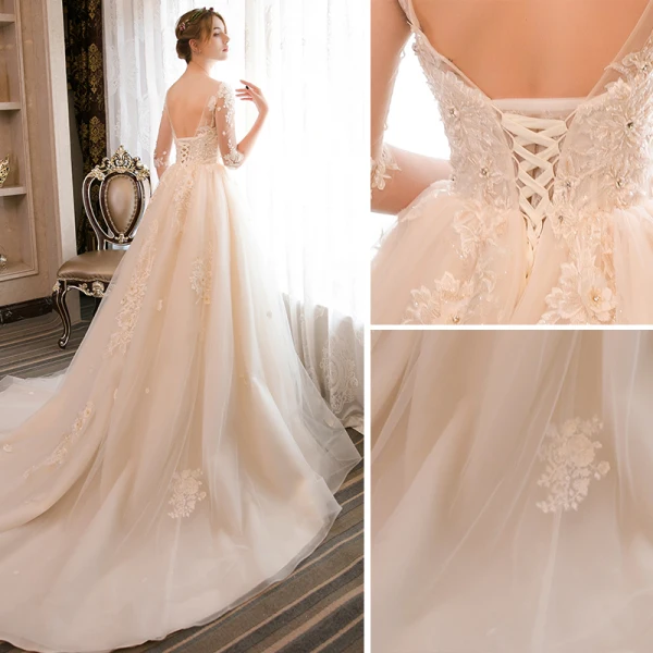 Elegante Champagner Brautkleider / Hochzeitskleider 2018 A Linie Perlenstickerei Perle Kristall Spitze Blumen Rundhalsausschnitt Rückenfreies 1/2 Ärmel Hof-Schleppe Hochzeit