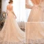Élégant Champagne Robe De Mariée 2018 Princesse Appliques Encolure Dégagée 1/2 Manches Dos Nu Tribunal Train Mariage