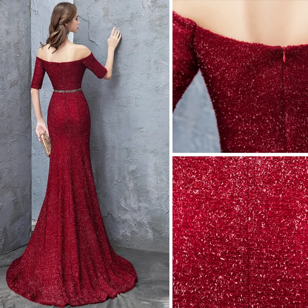 Sexy Burgundy Evening Dresses 2018 Trumpet / Mermaid Glitter Sequins Off-The-Shoulder Backless Short Sleeve Sweep Train Formal Dresses