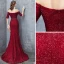 Sexy Burgundy Evening Dresses  2018 Trumpet / Mermaid Glitter Sequins Off-The-Shoulder Backless Short Sleeve Sweep Train Formal Dresses
