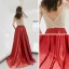 Modern / Fashion Burgundy Evening Dresses  2019 A-Line / Princess Beading Rhinestone V-Neck Backless Sleeveless Sweep Train Formal Dresses