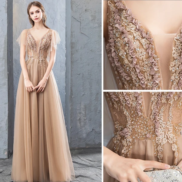 Modern / Fashion Champagne Evening Dresses  2019 A-Line / Princess Lace Flower Appliques Rhinestone V-Neck Backless Short Sleeve Floor-Length / Long Formal Dresses