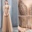 Modern / Fashion Champagne Evening Dresses  2019 A-Line / Princess Lace Flower Appliques Rhinestone V-Neck Backless Short Sleeve Floor-Length / Long Formal Dresses