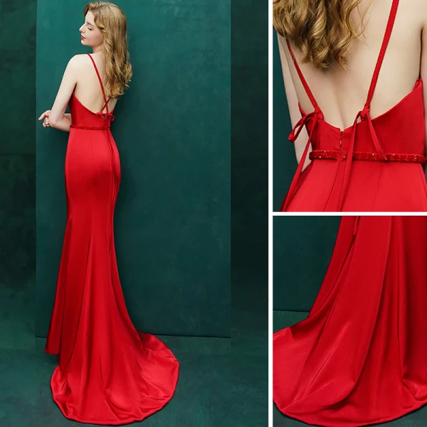 Sexy Rouge Robe De Soirée 2019 Trompette / Sirène Cristal Bretelles Spaghetti Dos Nu Sans Manches Train De Balayage Robe De Ceremonie