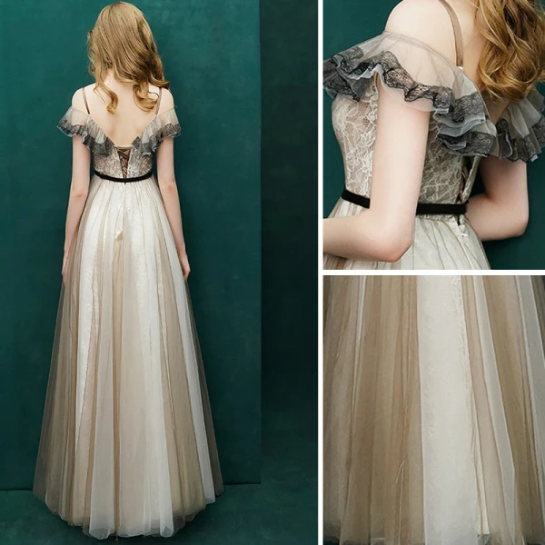 Luxury / Gorgeous Champagne Prom Dresses 2019 A-Line / Princess Sash Lace Spaghetti Straps Backless Sleeveless Floor-Length / Long Formal Dresses