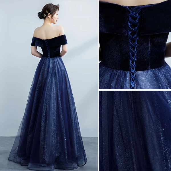 Modest / Simple Navy Blue Prom Dresses 2021 A-Line / Princess Suede Off-The-Shoulder Glitter Short Sleeve Backless Floor-Length / Long Formal Dresses