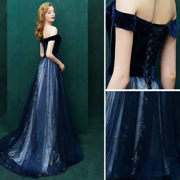 Sexy Bleu Marine Robe De Soirée 2019 Princesse Daim Étoile De l'épaule Dos Nu Manches Courtes Train De Balayage Robe De Ceremonie