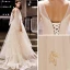 Modern / Fashion Champagne Evening Dresses  2019 A-Line / Princess Appliques Scoop Neck Backless Court Train Formal Dresses