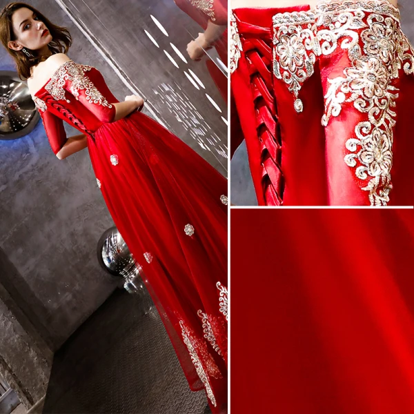 Moderne / Mode Rouge Robe De Soirée 2018 Princesse Appliques En Dentelle De l'épaule 1/2 Manches Dos Nu Longue Robe De Ceremonie