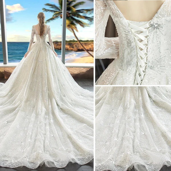 Luxury / Gorgeous Champagne Wedding Dresses 2018 Ball Gown Beading Sequins Square Neckline Long Sleeve Backless Royal Train