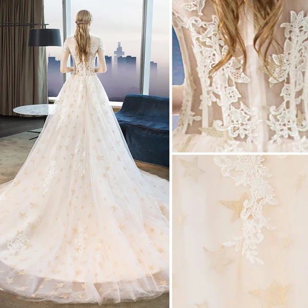 Modern / Fashion Ivory Corset Wedding Dresses 2018 A-Line / Princess Appliques Lace Star High Neck Short Sleeve Cathedral Train