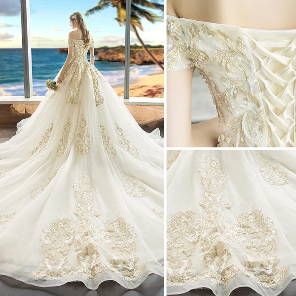 Luxe Champagne Robe De Mariée 2018 Princesse Appliques En Dentelle Perle De l'épaule Dos Nu Manches Courtes Royal Train
