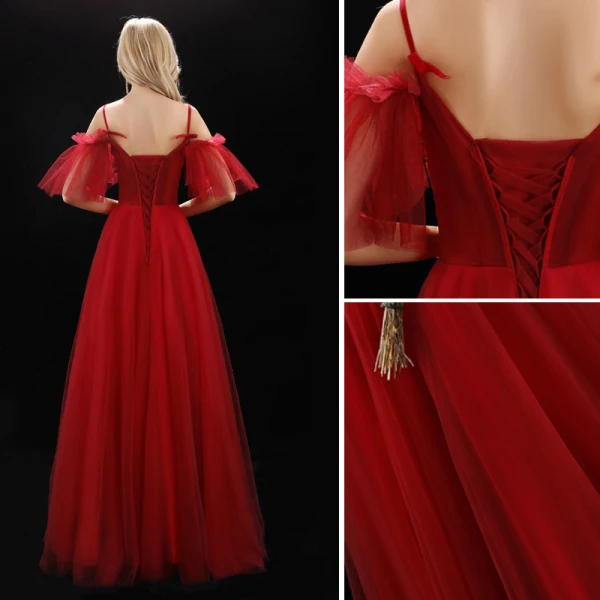 Chic / Beautiful Burgundy Evening Dresses 2019 A-Line / Princess Beading Crystal Spaghetti Straps Backless Short Sleeve Floor-Length / Long Formal Dresses