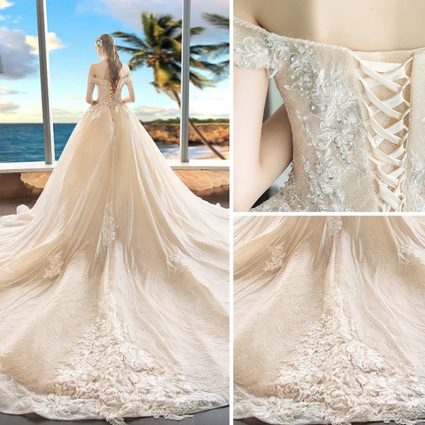 Luxury / Gorgeous Champagne Wedding Dresses 2018 Ball Gown Appliques Lace Off-The-Shoulder Short Sleeve Backless Royal Train