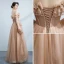 Edles Champagner Ballkleider 2021 A Linie Rüschen Off Shoulder Perlenstickerei Strass Ärmellos Rückenfreies Lange Festliche Kleider