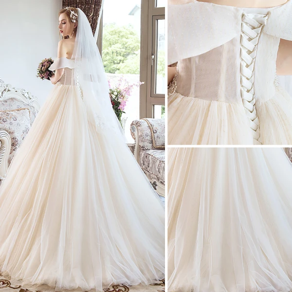 Charmant Champagne Robe De Mariée 2019 Princesse Perlage Cristal Perle Paillettes Bustier Dos Nu Sans Manches Longue