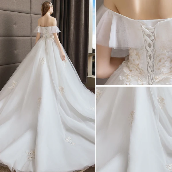 Elegant Ivory Wedding Dresses 2019 A-Line / Princess Organza Lace Flower Off-The-Shoulder Backless Short Sleeve Cathedral Train