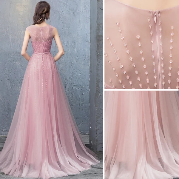 Chic / Belle Rose Bonbon Robe De Soirée 2018 Princesse Perlage Paillettes Encolure Dégagée Sans Manches Train De Balayage Robe De Ceremonie