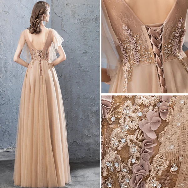 Elegant Champagne Evening Dresses  2019 A-Line / Princess Lace Flower Appliques Rhinestone Sequins V-Neck Short Sleeve Backless Floor-Length / Long Formal Dresses