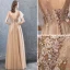 Elegant Champagne Evening Dresses  2019 A-Line / Princess Lace Flower Appliques Rhinestone Sequins V-Neck Short Sleeve Backless Floor-Length / Long Formal Dresses
