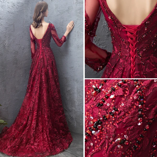 Luxury / Gorgeous Burgundy Evening Dresses  2019 A-Line / Princess Lace Beading Crystal Sequins Scoop Neck Backless 3/4 Sleeve Court Train Formal Dresses
