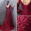 Luxury / Gorgeous Burgundy Evening Dresses  2019 A-Line / Princess Lace Beading Crystal Sequins Scoop Neck Backless 3/4 Sleeve Court Train Formal Dresses